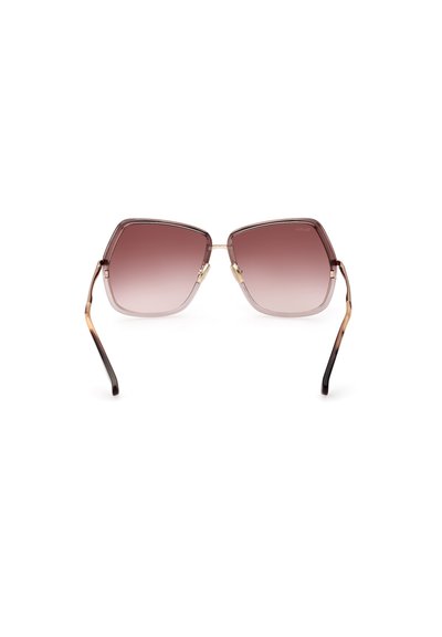 Occhiali da sole poligonali con lenti rosa sfumate, montatura in metallo e aste con dettagli marroni. Presentano una finitura liscia e dettagli in hardware dorato.