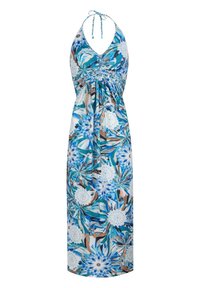 Ärmløs kjole med halterneck, prydet med et blomstermotiv i blå, hvid og brun på letvægts materiale; sammenhystet detaljer ved brystet.