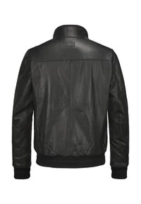 Schwarze Leder-Bomberjacke mit gerippten Bündchen und Saum, mit einer glatten Textur und minimalistischen Design, von hinten betrachtet.