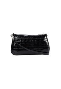 Sac en cuir verni noir avec un motif crocodile texturé, fermeture éclair, et bandoulière amovible, doté de bords arrondis.