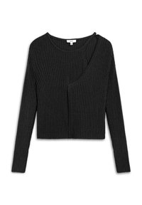 Sweater noir à côtes avec un design en V, des manches longues et une fermeture à un bouton sur le côté gauche à l'avant.