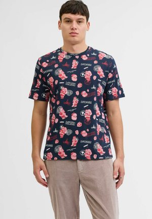 Short-sleeve navy T-shirt featuring red and white holiday-themed graphics, including Santa Claus and postal motifs, in a soft fabric.