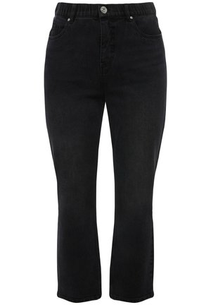 Black denim jeans with a straight cut and mid-rise elastic waistband. Feature front pockets and a button closure. Smooth texture.