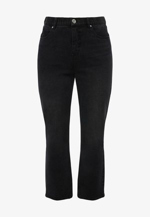 Schwarze Jeans aus Denim mit geradem Schnitt und mittelhohem, elastischem Taillenbund. Mit Fronttaschen und Knopfverschluss ausgestattet. Glatte Textur.
