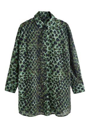 Košeľa na gombíky s dlhým rukávom, zeleno-čiernym leopardím vzorom a klasickým golierom.