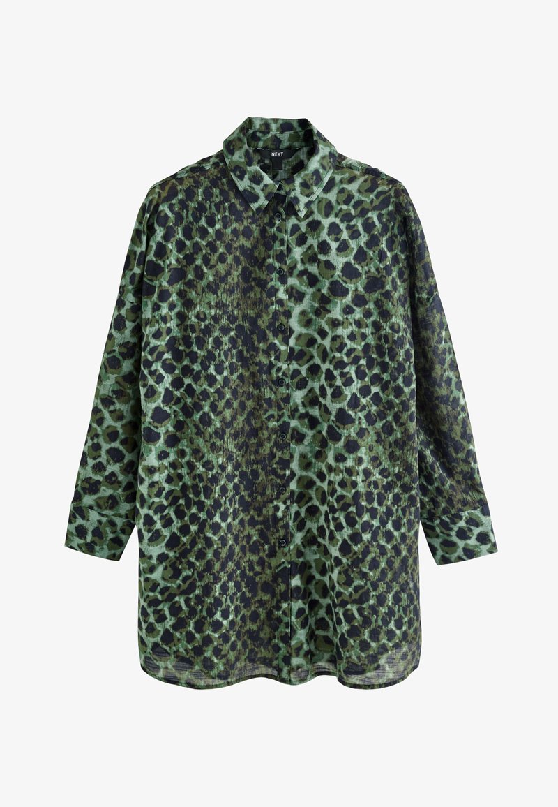 Košeľa na gombíky s dlhým rukávom, zeleno-čiernym leopardím vzorom a klasickým golierom.