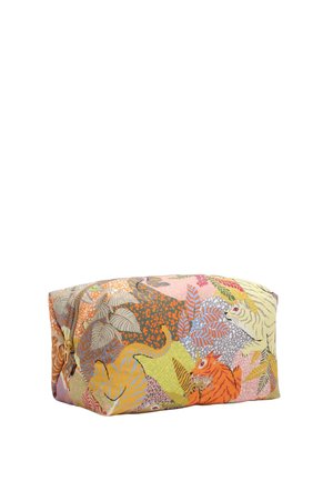 Bolsa rectangular con cremallera con patrones abstractos coloridos de hojas y tigres en tonos naranja, amarillo, rosa, verde y gris.
