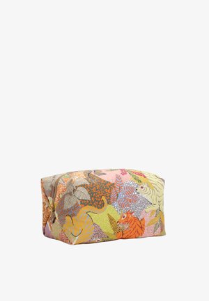 Bolsa rectangular con cremallera con patrones abstractos coloridos de hojas y tigres en tonos naranja, amarillo, rosa, verde y gris.
