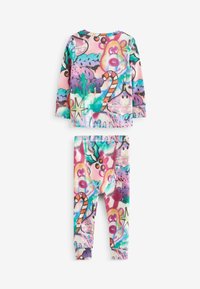 Ensemble de pyjama à manches longues coloré avec un imprimé de style graffiti et des motifs vibrants. Fabriqué en tissu doux ; comprend un pantalon assorti avec des poignets.