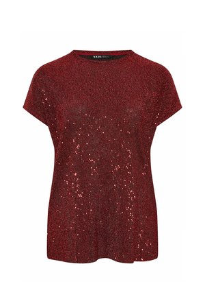 Top corto de manga corta rojo con una tela texturizada y brillante, adornada con acentos de lentejuelas en todo su diseño. Ajuste holgado y escote redondo.