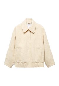 Veste d'extérieur texturée de couleur crème avec un col en V, une fermeture à boutons-pression à l'avant et deux poches latérales. Coupe décontractée.