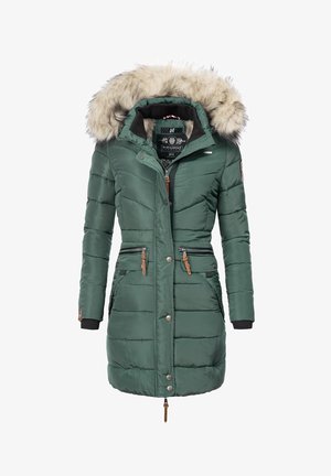 Grön vadderad jacka med huva av konstpäls, dragkedjefickor och ribbade muddar. Har diagonala sömmar och en inneretikett med varumärke.