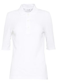 White short-sleeved polo shirt made of textured fabric; features a three-button placket and an embroidered logo on the chest.