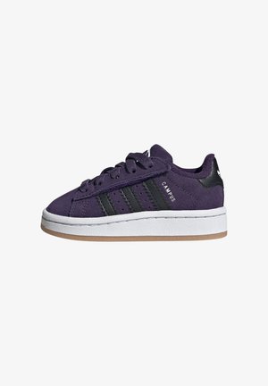 Fioletowe zamszowe sneakersy z czarnymi paskami, białą gumową podeszwą i teksturowaną podeszwą z gumy. Logo "CAMPUS" po bokach. Sznurowany fason.