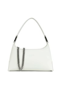 Weiße Lederhandtasche mit geschwungener Form, glatter Textur und abnehmbarem silbernen Kettenriemen. Auf der Vorderseite mit minimalem Branding versehen.
