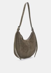 Olive green suede shoulder bag with curved shape, contrast stitching, and a textured strap featuring metal hardware accents.
