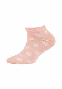 Calza alla caviglia rosa chiaro con pois bianchi, bordo rigato e texture liscia. Il design presenta una forma aderente.