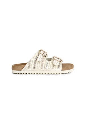 Infradito beige con doppie fibbie metalliche, design della fascia testurizzata e soletta imbottita marrone. Presenta una suola in gomma per una migliore aderenza.