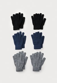 Fire par med strikkede hansker: to svarte, en marineblå og en grå. Hvert par har ribbestrikket mansjett og standard femfingerdesign.