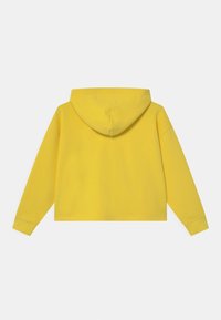 Gelbes, kurzes Hoodie mit Kapuze, langen Ärmeln und weichem Material. Der Stoff wirkt glatt mit einem einfachen, einfarbigen Design.