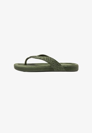 Green flip-flop with textured rubber sole and decorative cut-out design on the straps. Lightweight and flexible design for comfort.