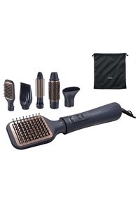 Ensemble de brosses coiffantes avec un manche bleu foncé, des accents cuivrés, des accessoires détachables et une pochette de rangement noire. Comprend différentes formes de brosses.