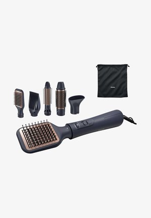 Set di spazzole per acconciature con manico blu scuro, accenti in rame, attacchi staccabili e una pochette nera per riporle. Presenta forme di spazzola variabili.
