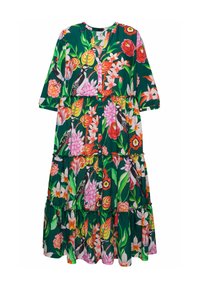 Abito a stampa floreale verde, con maniche corte, chiusura con bottoni, strati arricciati e colori vivaci di rosa, arancione e giallo.