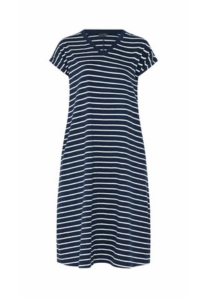 Laivastonsininen polvipituinen mekko, jossa valkoiset vaakaraitaiset, lyhyet hihat ja V-mallinen kaulus.