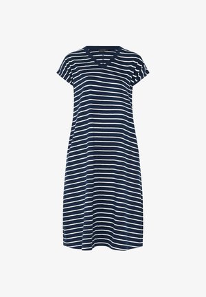 Granatowa sukienka do kolan z białymi poziomymi paskami, krótkimi rękawami i dekoltem w kształcie litery V.