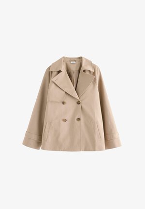 Beige dobbeltradet trenchcoat med brede revers, to forlommer og manchetter med knapper, vist på en hvid baggrund.