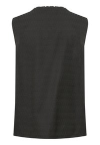 Top senza maniche in tessuto grigio scuro con una sottile texture, caratterizzato da un collo arricciato e una linea dritta, che mostra un design minimalista.