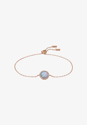 Zartes Armband aus Roségold mit verstellbarer Kette, featuring einem runden blauen Zentrum, das mit sternförmigen und klaren Kristallakzenten verziert ist.
