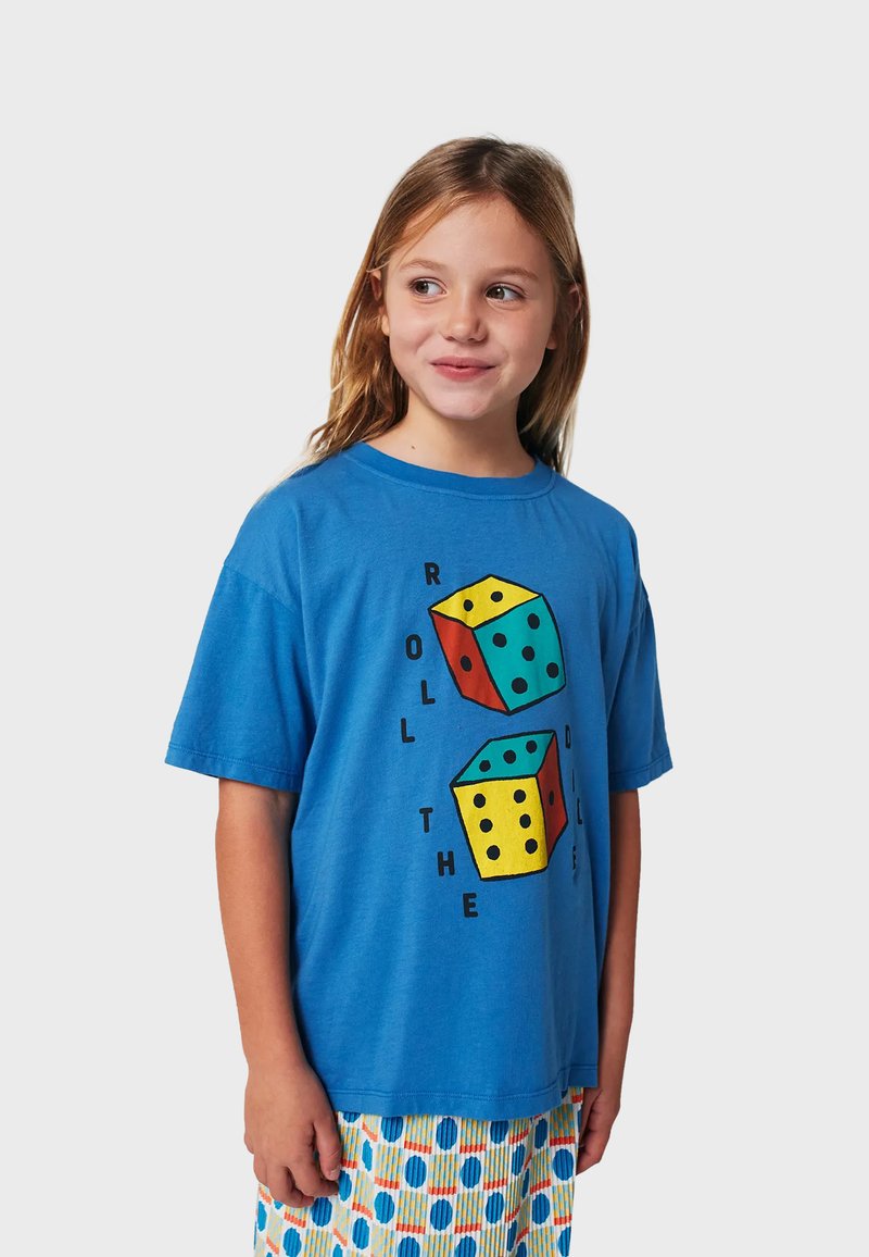 Blue cotton t-shirt featuring a graphic of colorful dice and the text "ROLL THE DICE." Short sleeves and relaxed fit.