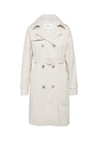 Beżowy trencz z dwurzędowymi guzikami, paskiem w talii, bocznymi kieszeniami oraz podszewką w paski. Długie rękawy z mankietami.