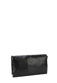 Borsa a pochette nera in rete con forma rettangolare strutturata, decorata con piccole paillettes lucide che creano una superficie testurizzata e riflettente.