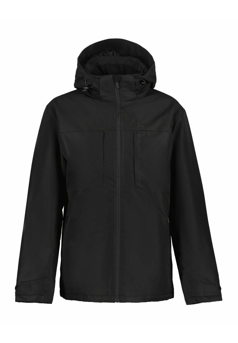 Zwarte buitenjas met capuchon, twee zijzakken, ritssluiting en een eenvoudig, weersbestendig stofontwerp.