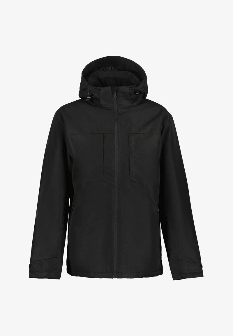 Chaqueta exterior negra con capucha, dos bolsillos frontales, cierre de cremallera y un diseño simple de tela resistente a la intemperie.
