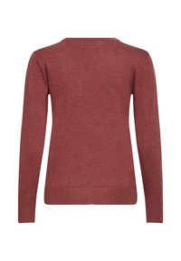 Langarm-Pullover mit Rundhalsausschnitt in Dunkelrot, aus weichem Stoff mit glatter Textur, mit geripptem Saum und Bündchen, schlichtes Design.