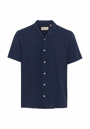 Navy short-sleeve shirt with a spread collar, front button closure, and smooth, lightweight fabric. Plain design, no visible patterns or accents.