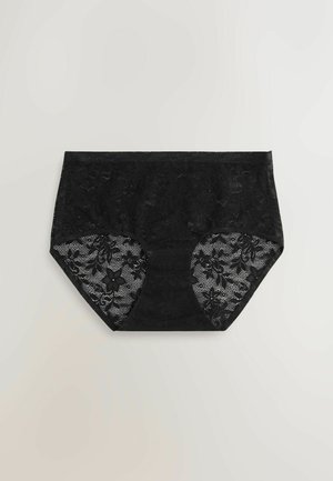 Black high-waisted underwear with lace accents. Features a floral lace design on the sides and a smooth, solid fabric body.
