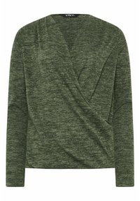 Långärmad omslagstopp i mörkgrön, tillverkad av textilerat tyg med en melerad struktur. Har en V-halsringning och draperad framsidan.