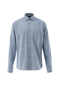 Langärmliges Button-Down-Hemd in hellblau mit kariertem Muster in dunklerem Blau. Mit Kragen und einer Brusttasche. Hergestellt aus Baumwolle.