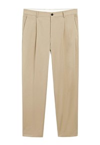 Beige tailored trousers with a smooth texture, featuring two pleats at the front, a button closure, and side pockets.