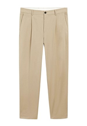 Beige maßgeschneiderte Hose mit glatter Textur, zwei Falten vorne, Knopfverschluss und Seitentaschen.