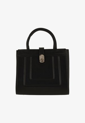 Geantă de mână din piele neagră cu design structurat, mânere duble și un închizător aurit. Prezintă accente cusute și o textură fină.