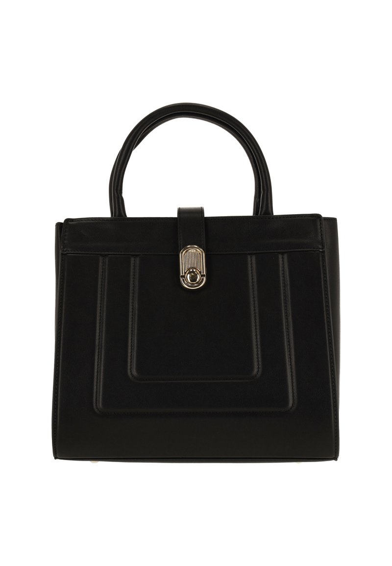 Fekete bőr kézitáska strukturált kialakítással, két fogantyúval és aranyszínű csattal. Varrt díszítésekkel és sima felülettel rendelkezik.