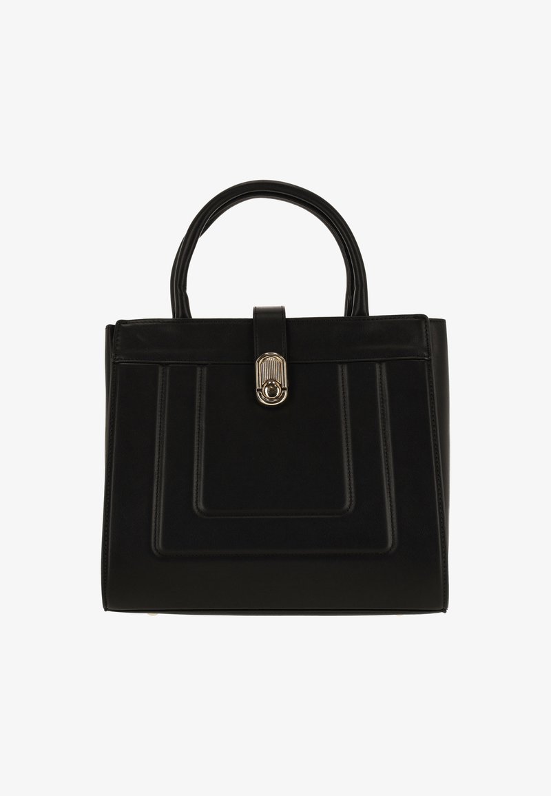 Fekete bőr kézitáska strukturált kialakítással, két fogantyúval és aranyszínű csattal. Varrt díszítésekkel és sima felülettel rendelkezik.