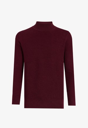 Suéter de punto color granate con cuello alto, presenta un patrón texturizado y mangas largas, terminado con puños y dobladillo acanalados.