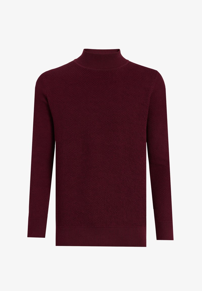 Pull en tricot bordeaux avec un col haut, présentant un motif texturé et des manches longues, fini avec des poignets et un ourlet côtelés.